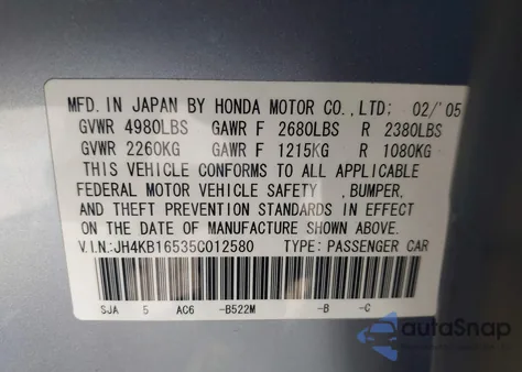 2005 Acura Rl 3.5 from USA, damaged, VIN JH4KB16535C012580